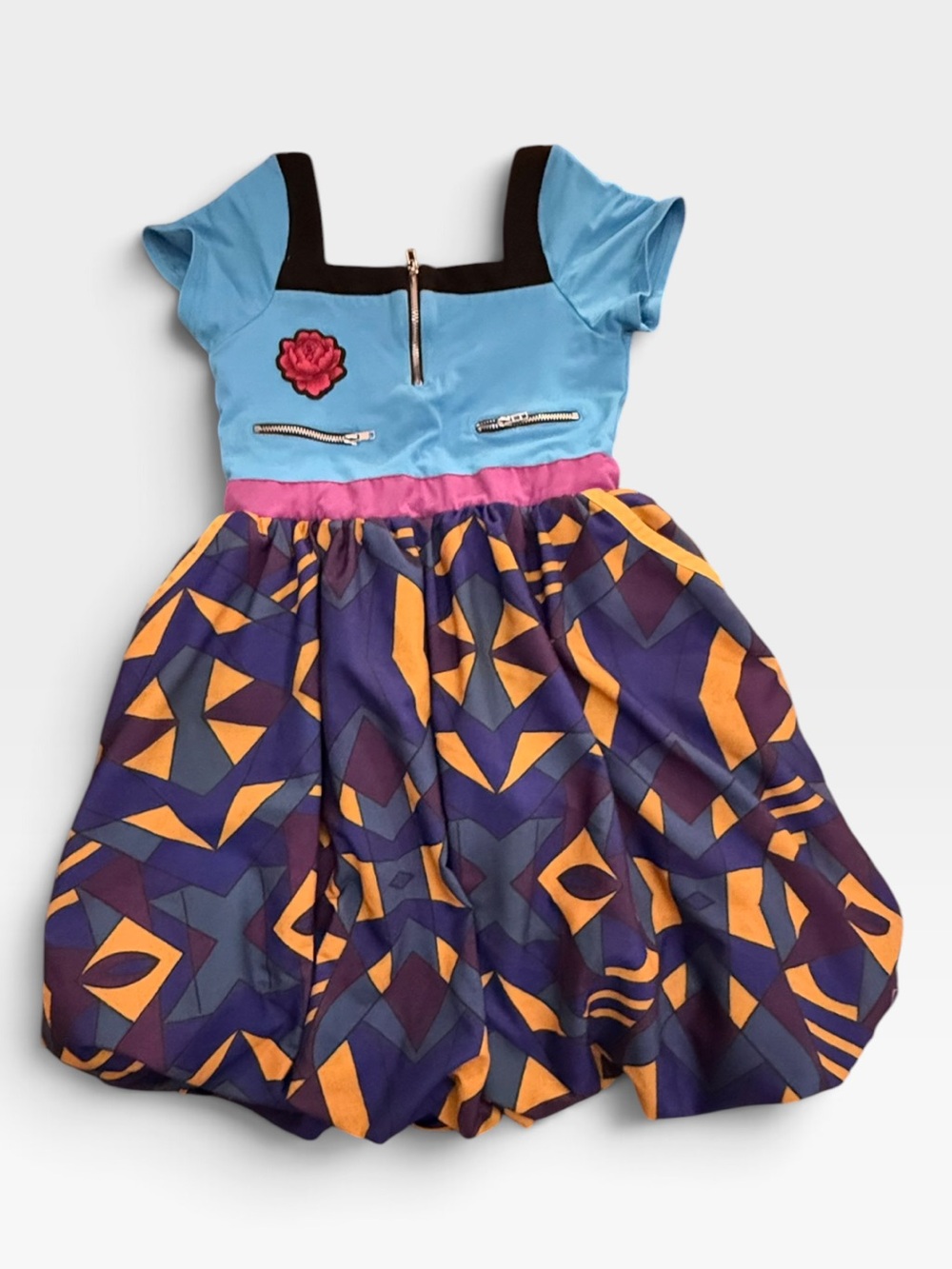 Girls Blue and Purple Geometric Bubble Dress with Pink Waistband - KPDH Zoey